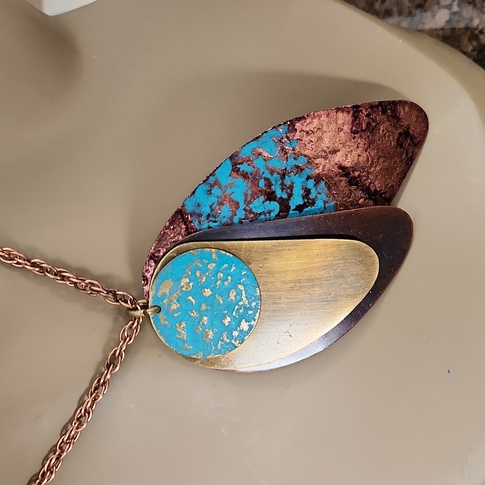 Long Copper Chain Necklace with Patina Metal Disks